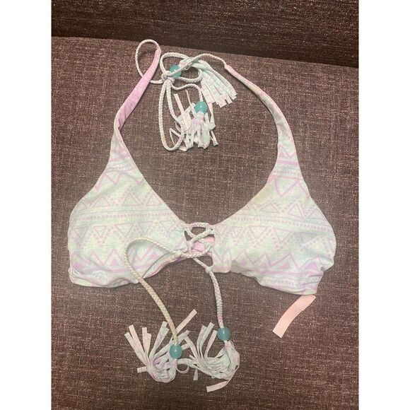 Victoria's Secret S reversible Bikini Top Halter Lace-Up Boho blue purple tassel - Picture 1 of 6